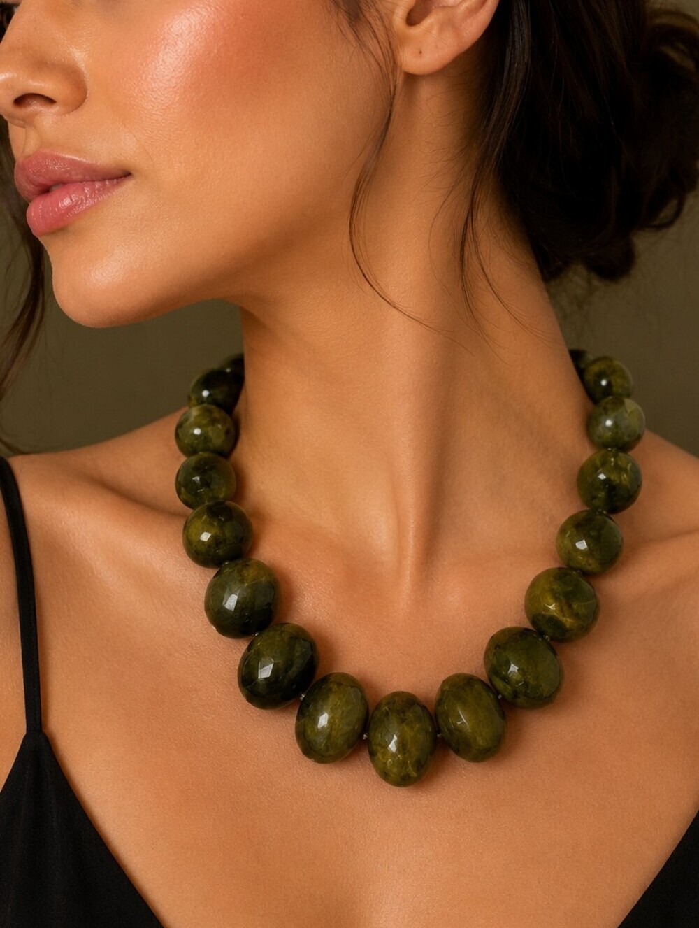 Source Unknown Olive Green Beaded Statement Necklace